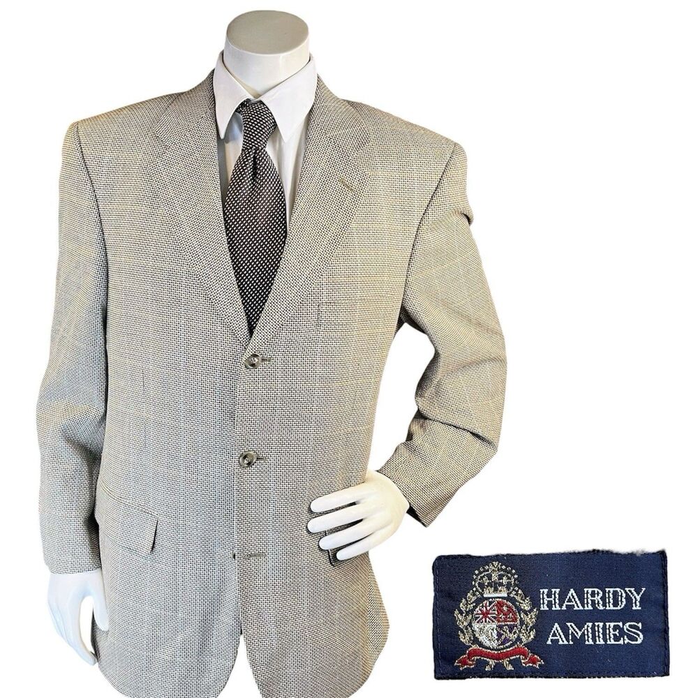 Hardy Amies Blazer Men 42R Windowpane Houndstooth Silk Wool Sport Coat Jacket